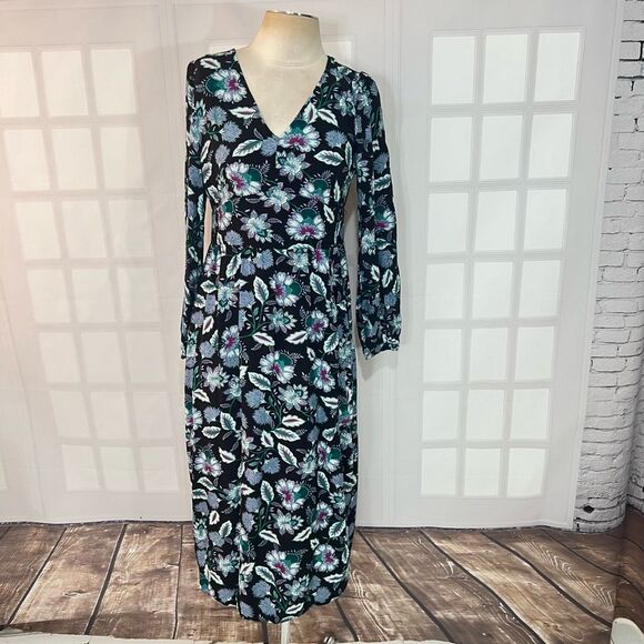 Loft Long Puff Sleeve Front Slit Floral V-Neck Midi Dress Size 8 - Picture 2 of 10